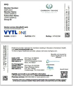 Carson Tahoe Health insurance card with member details.